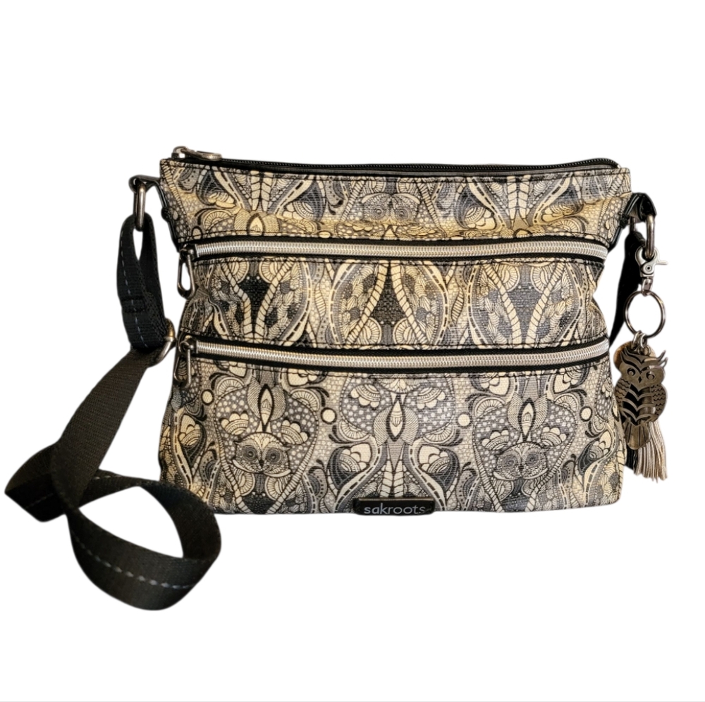 Sakroots Crossbody Adjustable‎ Coated Canvas Purse Black White Boho Bag Owls